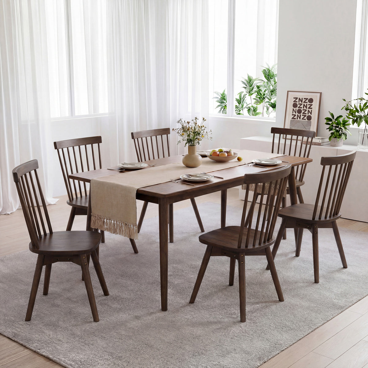 Windsor Dining Chairs Set of 2 Mid Century Rubber Wood Kitchen Chairs with Swivel Seat-Walnut