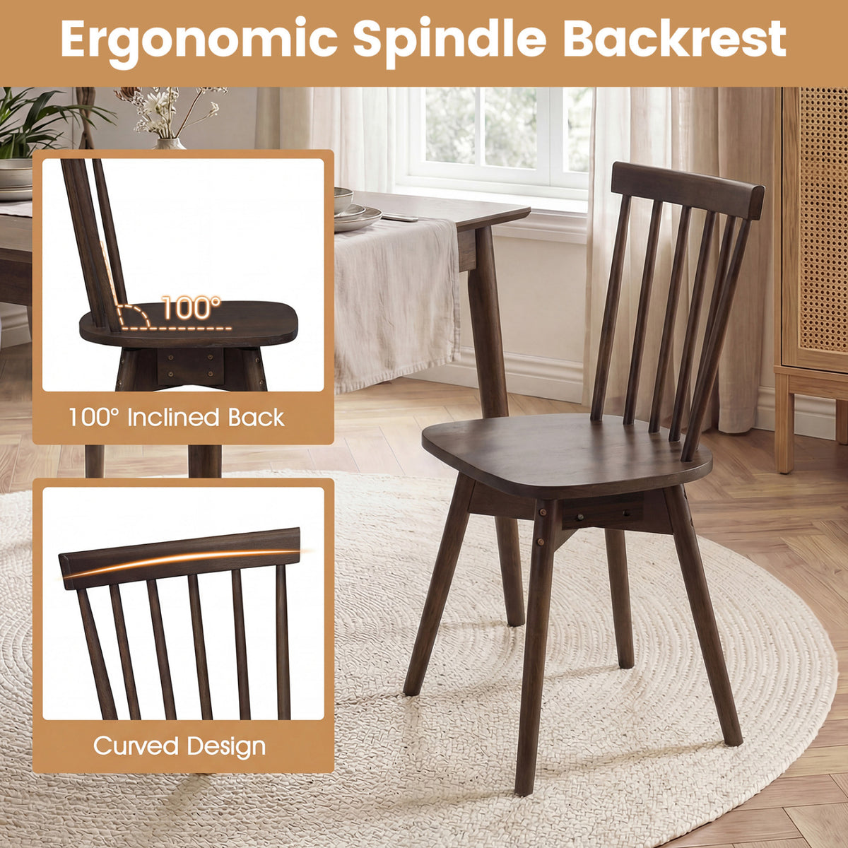 Windsor Dining Chairs Set of 2 Mid Century Rubber Wood Kitchen Chairs with Swivel Seat-Walnut