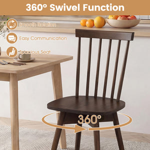 Windsor Dining Chairs Set of 2 Mid Century Rubber Wood Kitchen Chairs with Swivel Seat-Walnut