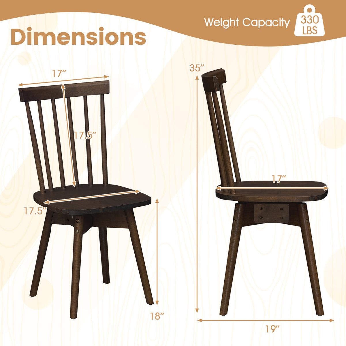 Windsor Dining Chairs Set of 2 Mid Century Rubber Wood Kitchen Chairs with Swivel Seat-Walnut