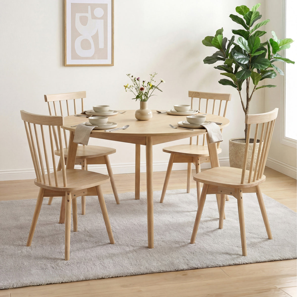 Windsor Dining Chairs Set of 4 Mid Century Rubber Wood Kitchen Chairs with Swivel Seat-Natural
