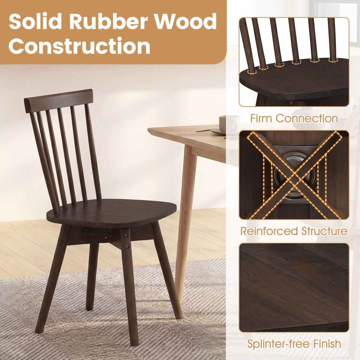 Windsor Dining Chairs Set of 4 Mid Century Rubber Wood Kitchen Chairs with Swivel Seat-Walnut