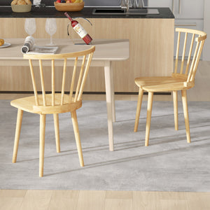 Windsor Dining Chairs Set of 2 Rubber Wood Kitchen Chairs with Spindle Back-Natural