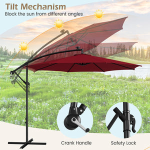 10 Feet Patio Offset Umbrella with 112 Solar-Powered LED Lights-Beige-Wine by DirectDeals