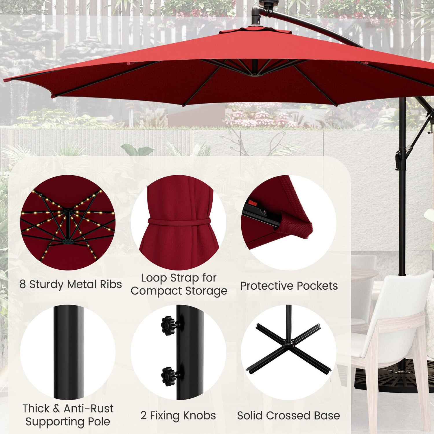 10 Feet Patio Offset Umbrella with 112 Solar-Powered LED Lights-Beige-Wine by DirectDeals