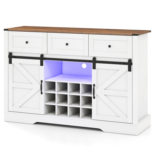 52 Inches Wine Bar Cabinet with LED Lights and Sliding Barn Doors-White