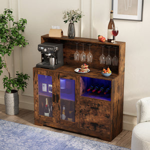 Wine Bar Cabinet with LED Lights and Charging Station-Rustic Brown