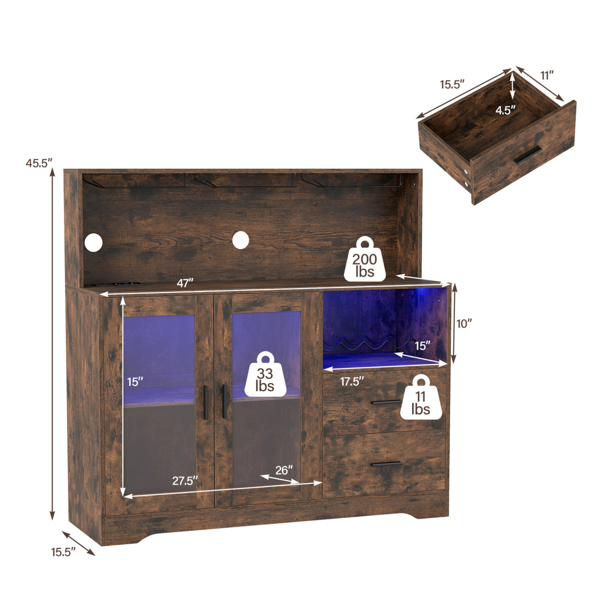 Wine Bar Cabinet with LED Lights and Charging Station-Rustic Brown