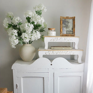 Antique Inspired Ornate White Wood Risers, Set of Two