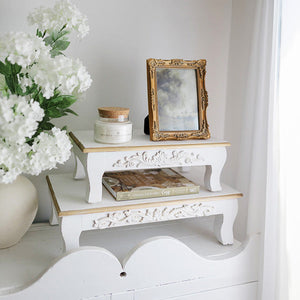 Antique Inspired Ornate White Wood Risers, Set of Two
