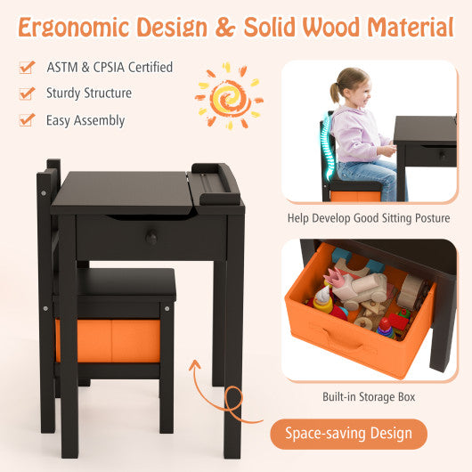 Wood Activity Kids Table and Chair Set with Storage Space-Dark Brown