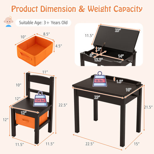 Wood Activity Kids Table and Chair Set with Storage Space-Dark Brown