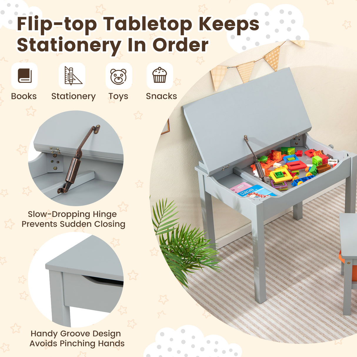 Wood Activity Kids Table and Chair Set with Storage Space-Gray