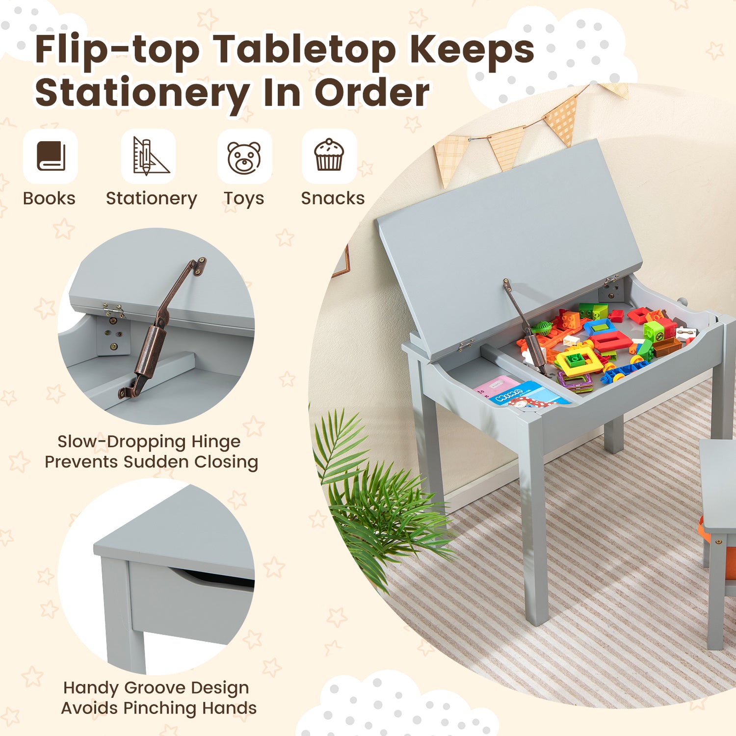 Wood Activity Kids Table and Chair Set with Storage Space-Gray