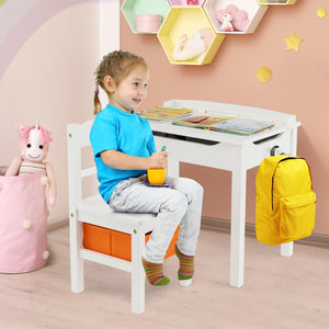 Flip-Top Wood Kids Activity Table and Chair Set with Hidden Storage Space-White
