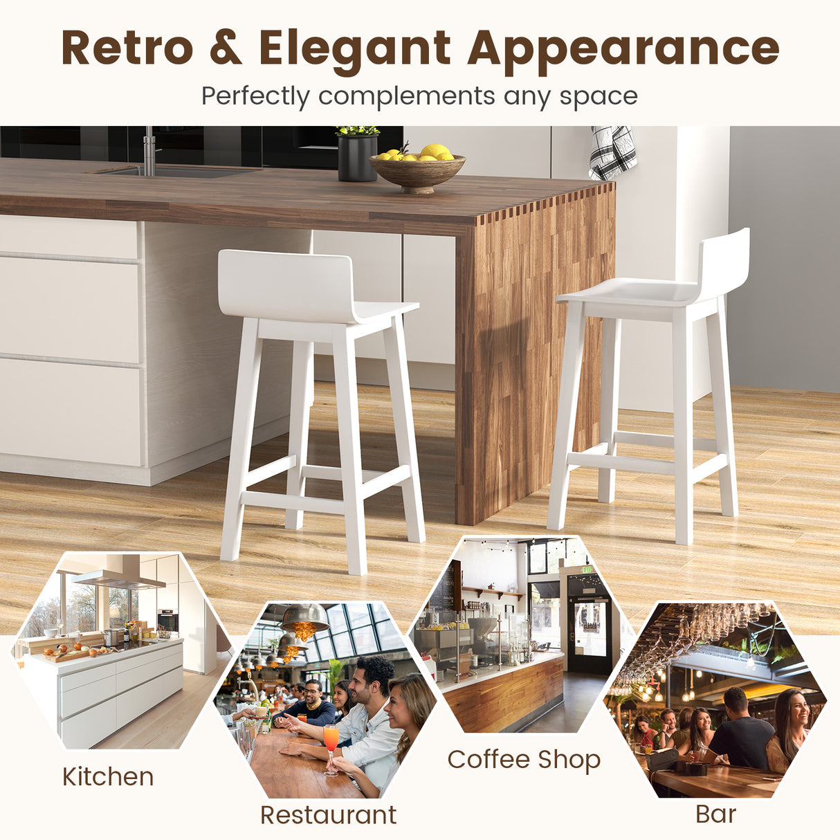Wood Bar Stools Set of 2 with Solid Back and Seat-White