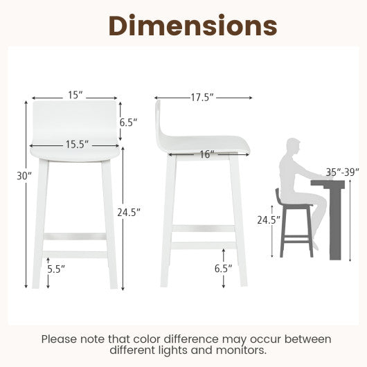 Wood Bar Stools Set of 2 with Solid Back and Seat-White