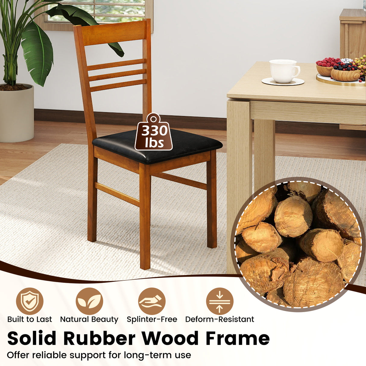 Wood Dining Chairs Set of 2 with Rubber Wood Frame-Walnut