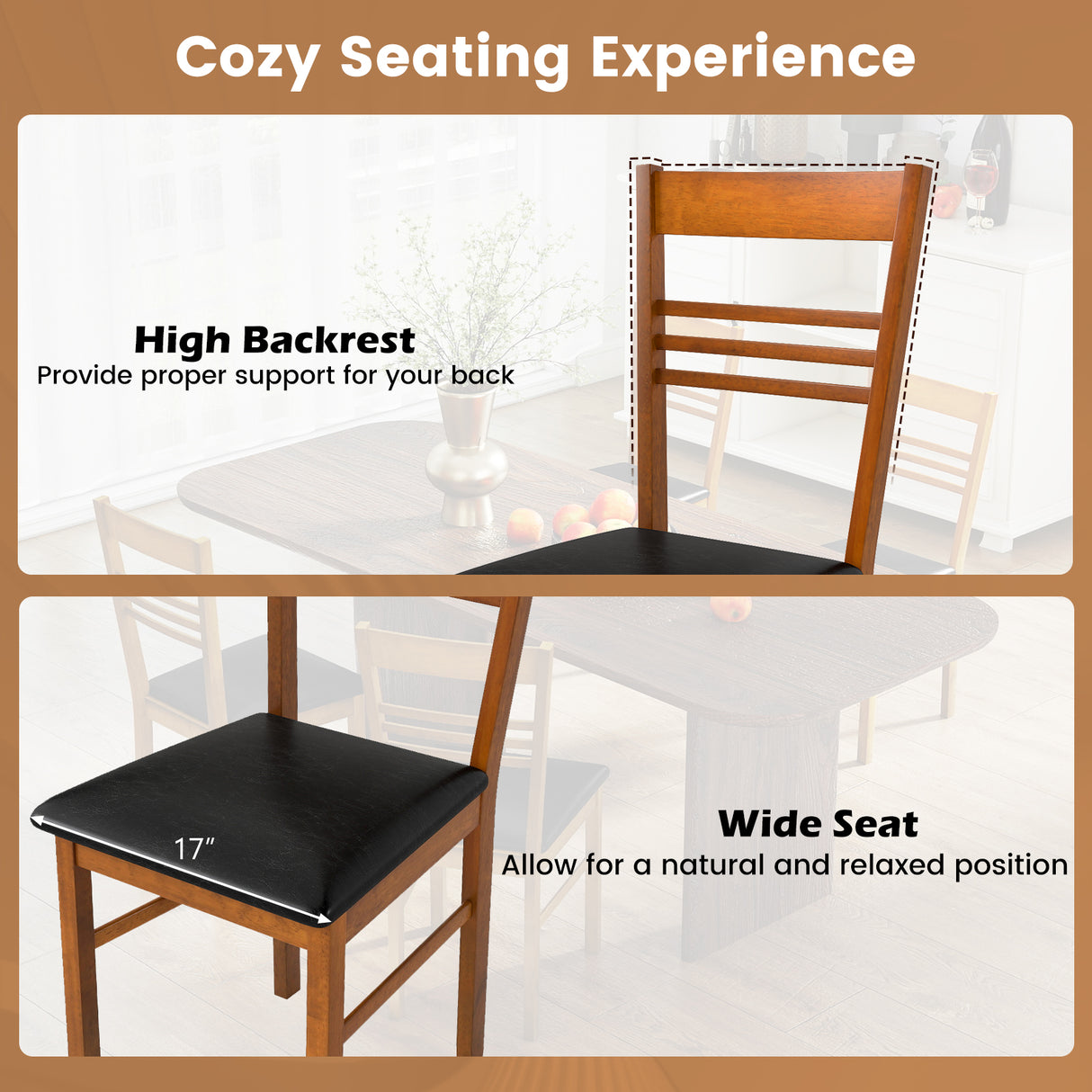 Wood Dining Chairs Set of 2 with Rubber Wood Frame-Walnut