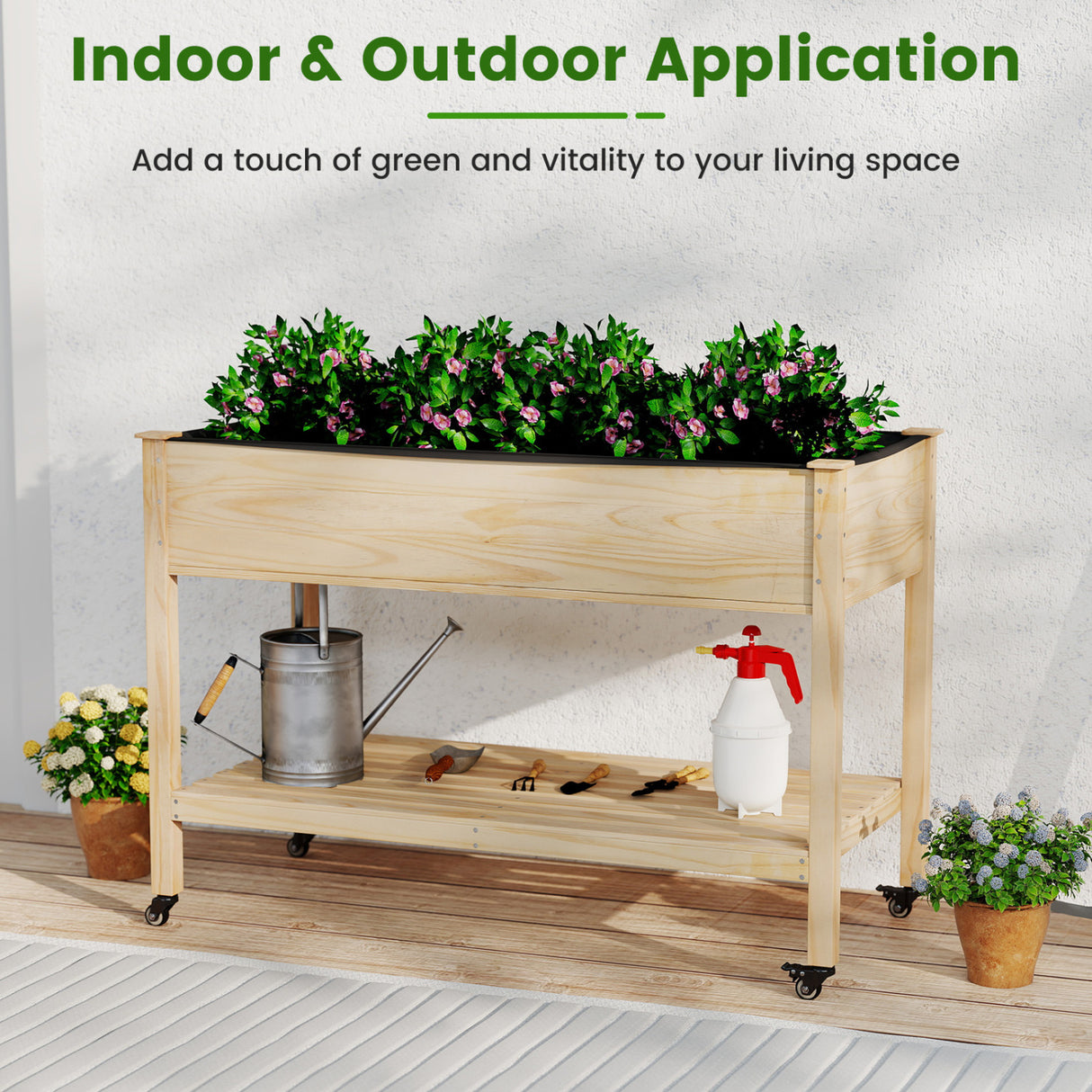 Wood Elevated Planter Bed with Lockable Wheels Shelf and Liner