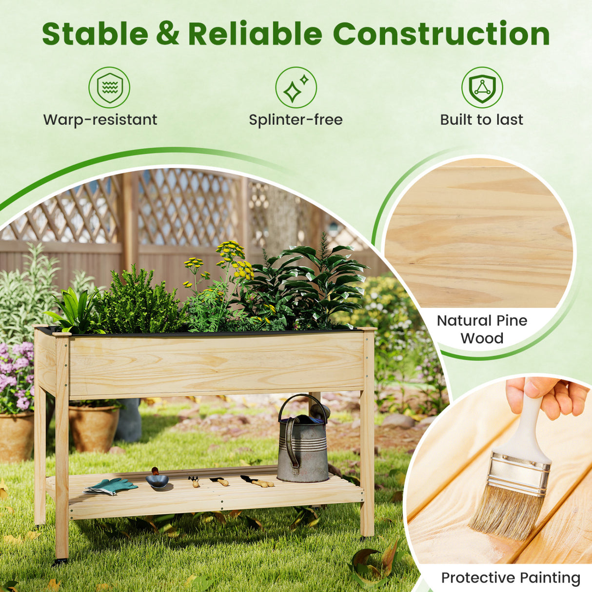 Wood Elevated Planter Bed with Lockable Wheels Shelf and Liner