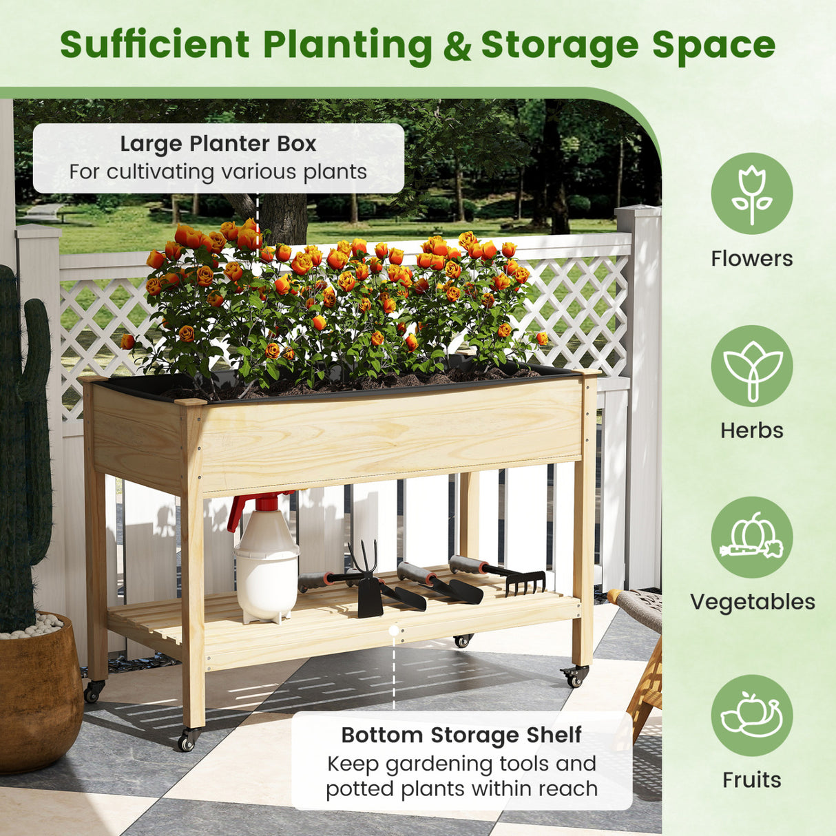 Wood Elevated Planter Bed with Lockable Wheels Shelf and Liner