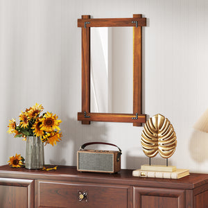 Wood Framed Mirror with Acacia Wood Frame and Vintage Rivet Design Brown-S