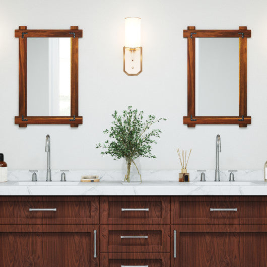 Wood Framed Mirror with Acacia Wood Frame and Vintage Rivet Design Brown-S