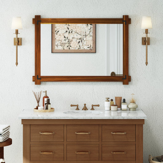 Wood Framed Mirror with Acacia Wood Frame and Vintage Rivet Design Brown-L