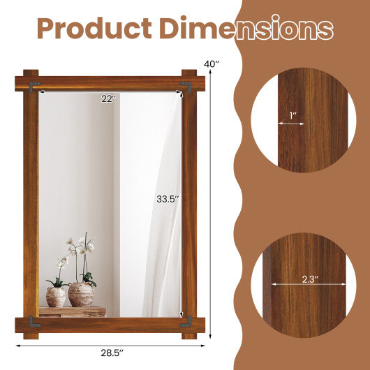 Wood Framed Mirror with Acacia Wood Frame and Vintage Rivet Design Brown-L