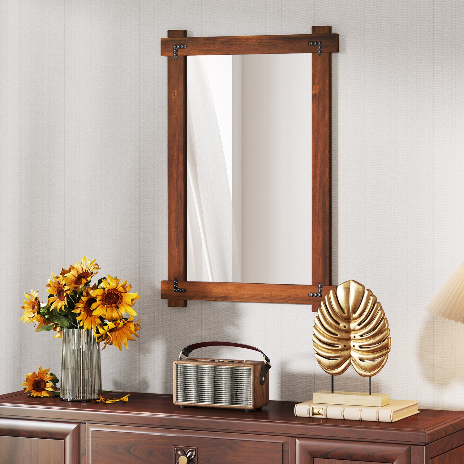 Wood Framed Mirror with Acacia Wood Frame and Vintage Rivet Design Brown-M
