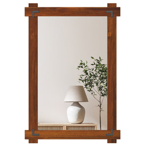 Wood Framed Mirror with Acacia Wood Frame and Vintage Rivet Design Brown-M