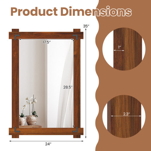 Wood Framed Mirror with Acacia Wood Frame and Vintage Rivet Design Brown-M