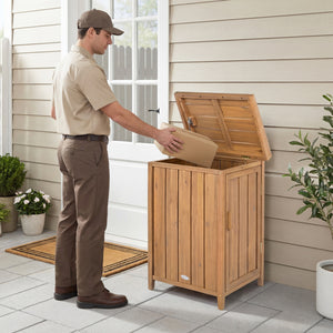 Wood Package Delivery Box with Openable Lid and Removable Shelf for Garden