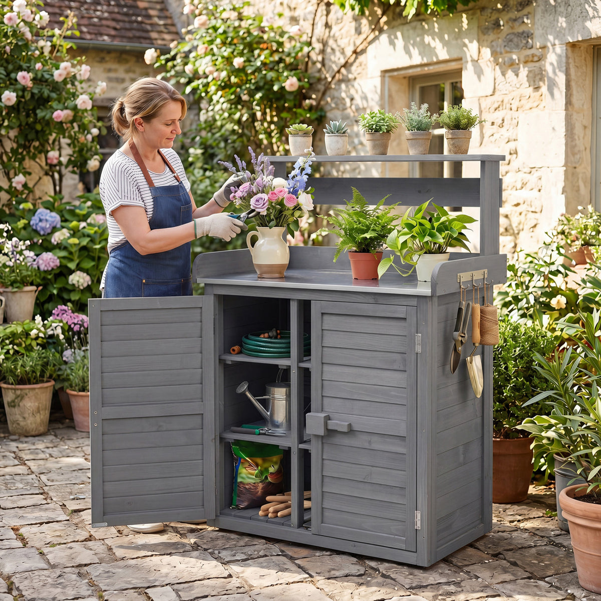 Wood Plant Workstation with Stainless Steel Tabletop and Removable Shelves-Gray