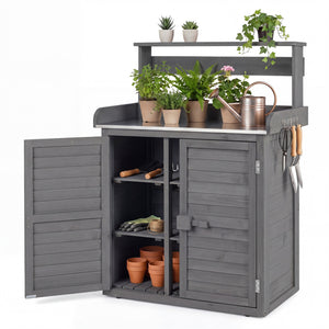 Wood Plant Workstation with Stainless Steel Tabletop and Removable Shelves-Gray
