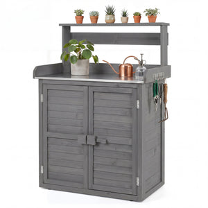 Wood Plant Workstation with Stainless Steel Tabletop and Removable Shelves-Gray