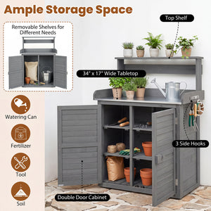Wood Plant Workstation with Stainless Steel Tabletop and Removable Shelves-Gray
