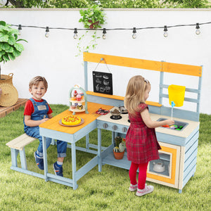 Fir Wood Play Kitchen with Kids Picnic Table and Built-in Bench-Gray