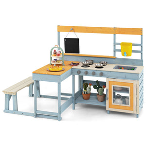 Fir Wood Play Kitchen with Kids Picnic Table and Built-in Bench-Gray