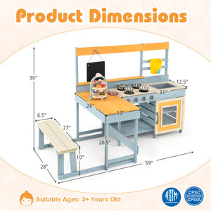 Fir Wood Play Kitchen with Kids Picnic Table and Built-in Bench-Gray