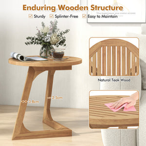 Teak Wood Side Table Round Sofa End Table with Slatted Tabletop