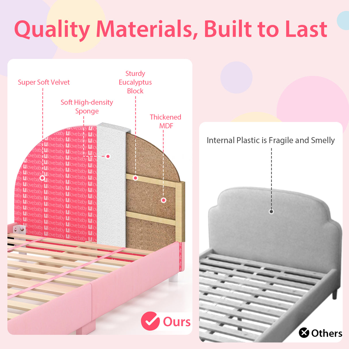 Wood Upholstered Twin Bed Platform with Slat Support-Pink