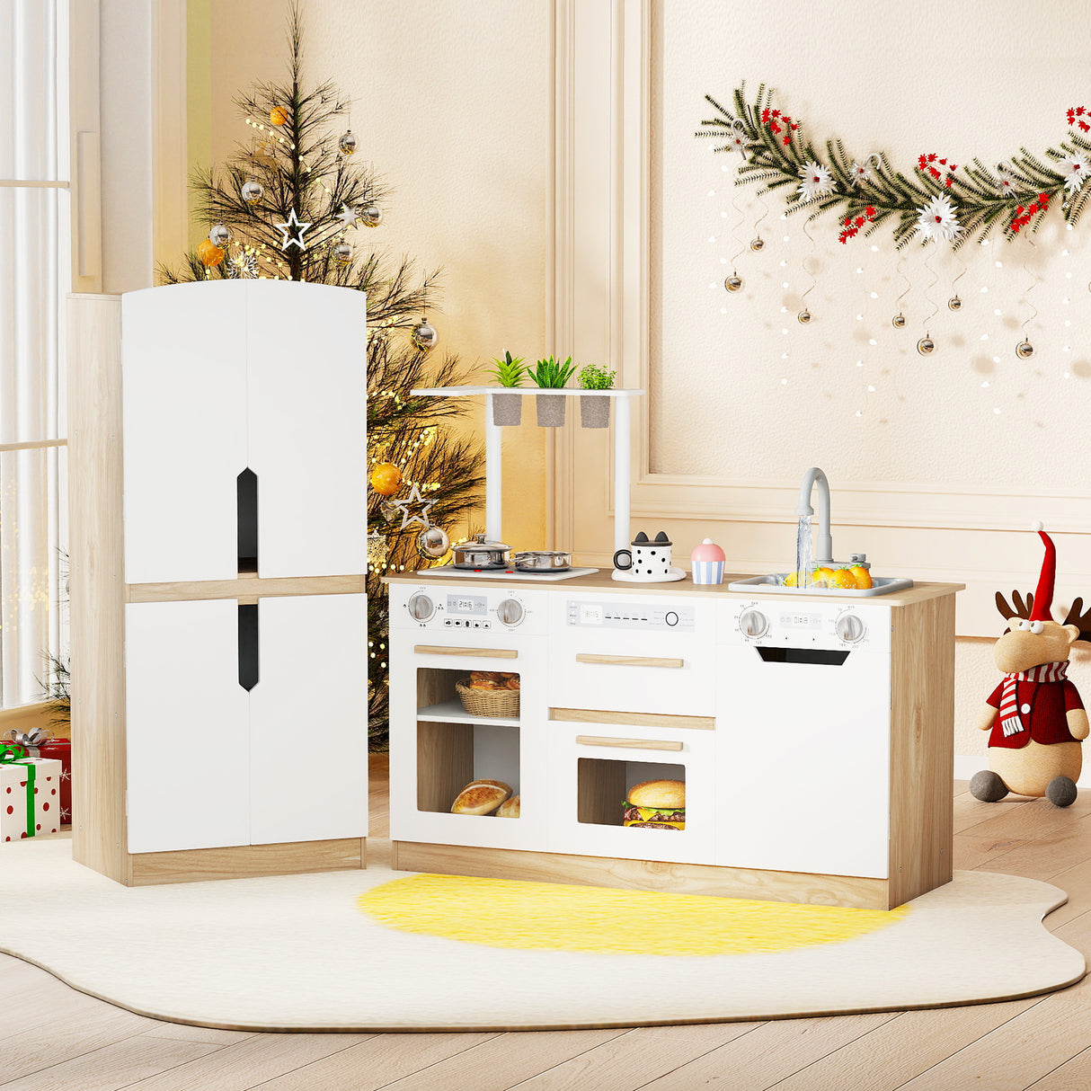 Wooden 2 Piece Kids Kitchen Playset with Fridge and Running Water-Natural