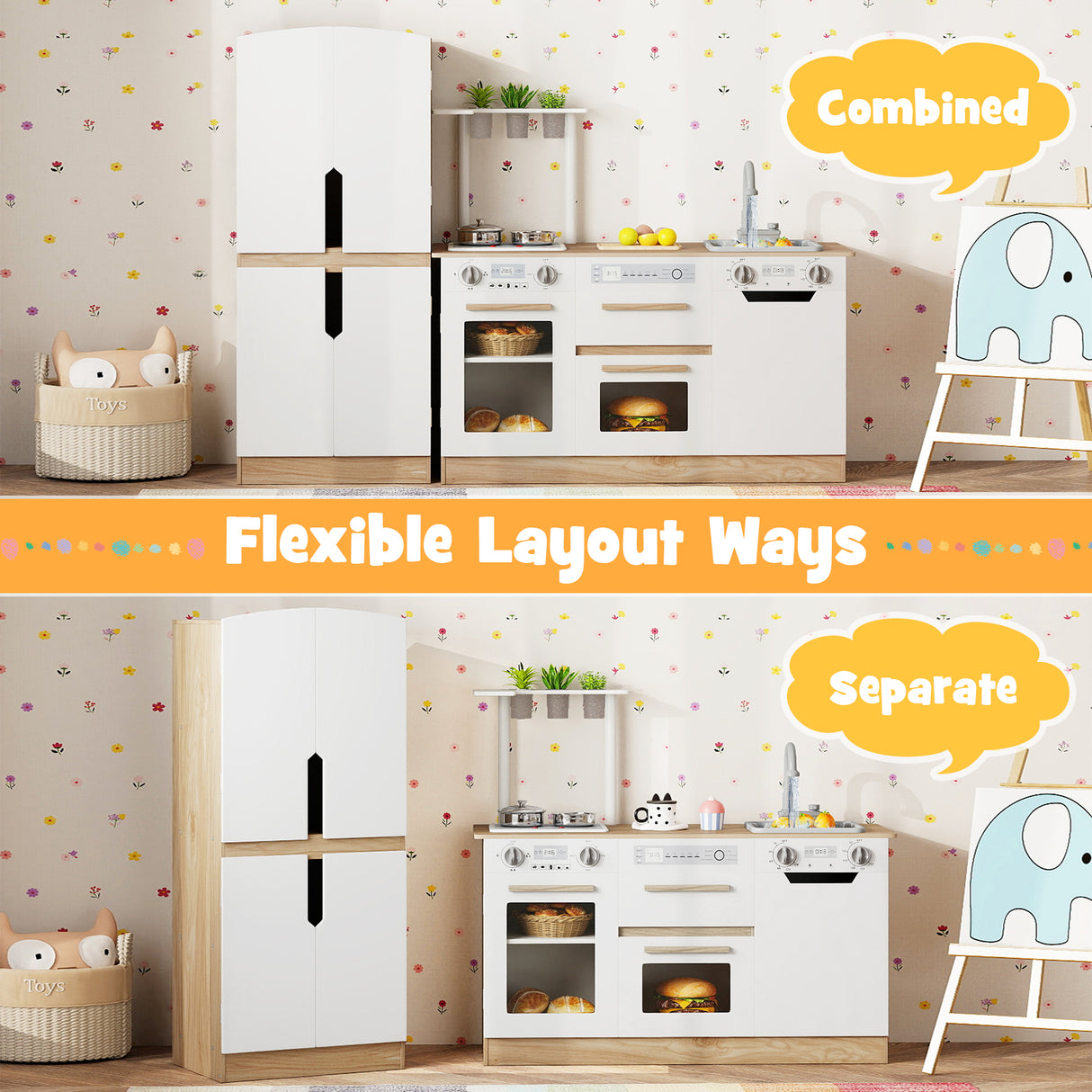 Wooden 2 Piece Kids Kitchen Playset with Fridge and Running Water-Natural