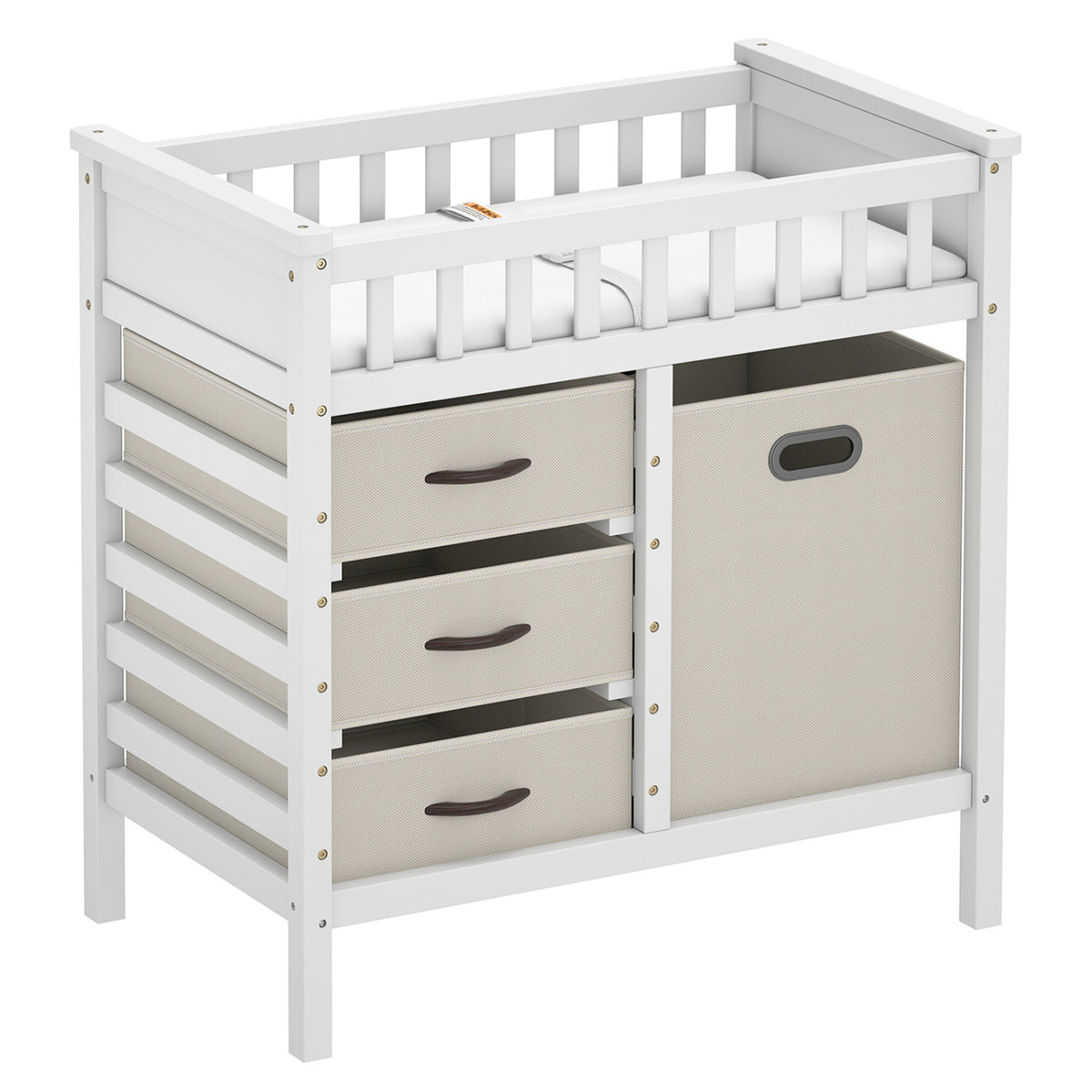 Wooden Baby Changing Table Diaper Changing Station with 3 Fabric Storage Drawers-Beige