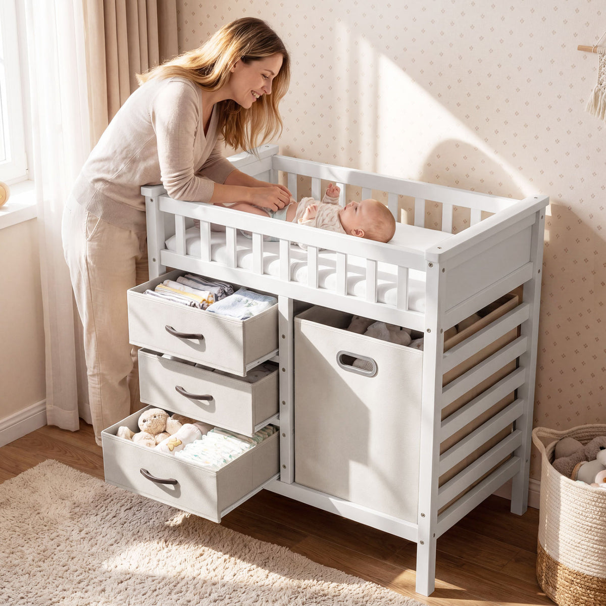 Wooden Baby Changing Table Diaper Changing Station with 3 Fabric Storage Drawers-Beige