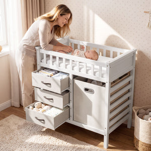 Wooden Baby Changing Table Diaper Changing Station with 3 Fabric Storage Drawers-Beige