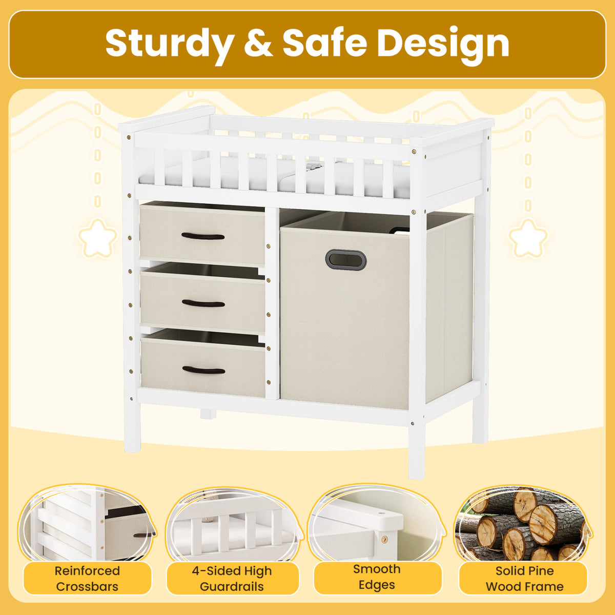 Wooden Baby Changing Table Diaper Changing Station with 3 Fabric Storage Drawers-Beige