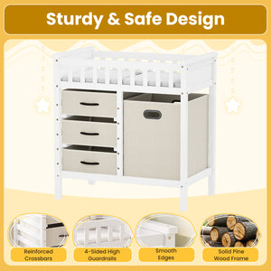 Wooden Baby Changing Table Diaper Changing Station with 3 Fabric Storage Drawers-Beige